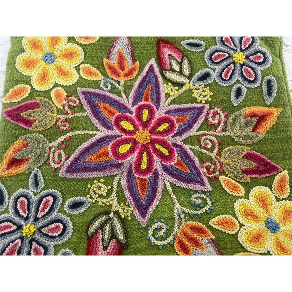 handmade Peruvian floral embroidered woven wool tote lime greenb 13x14 - Picture 11 of 12